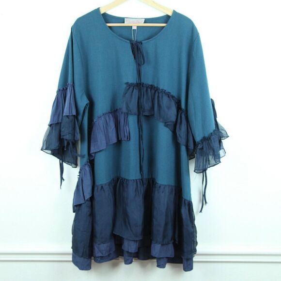 Pretty Angel XL Tunic Top Linen Blend Ruffles Blue Lagenlook Fairy Artsy Boho - Picture 1 of 11
